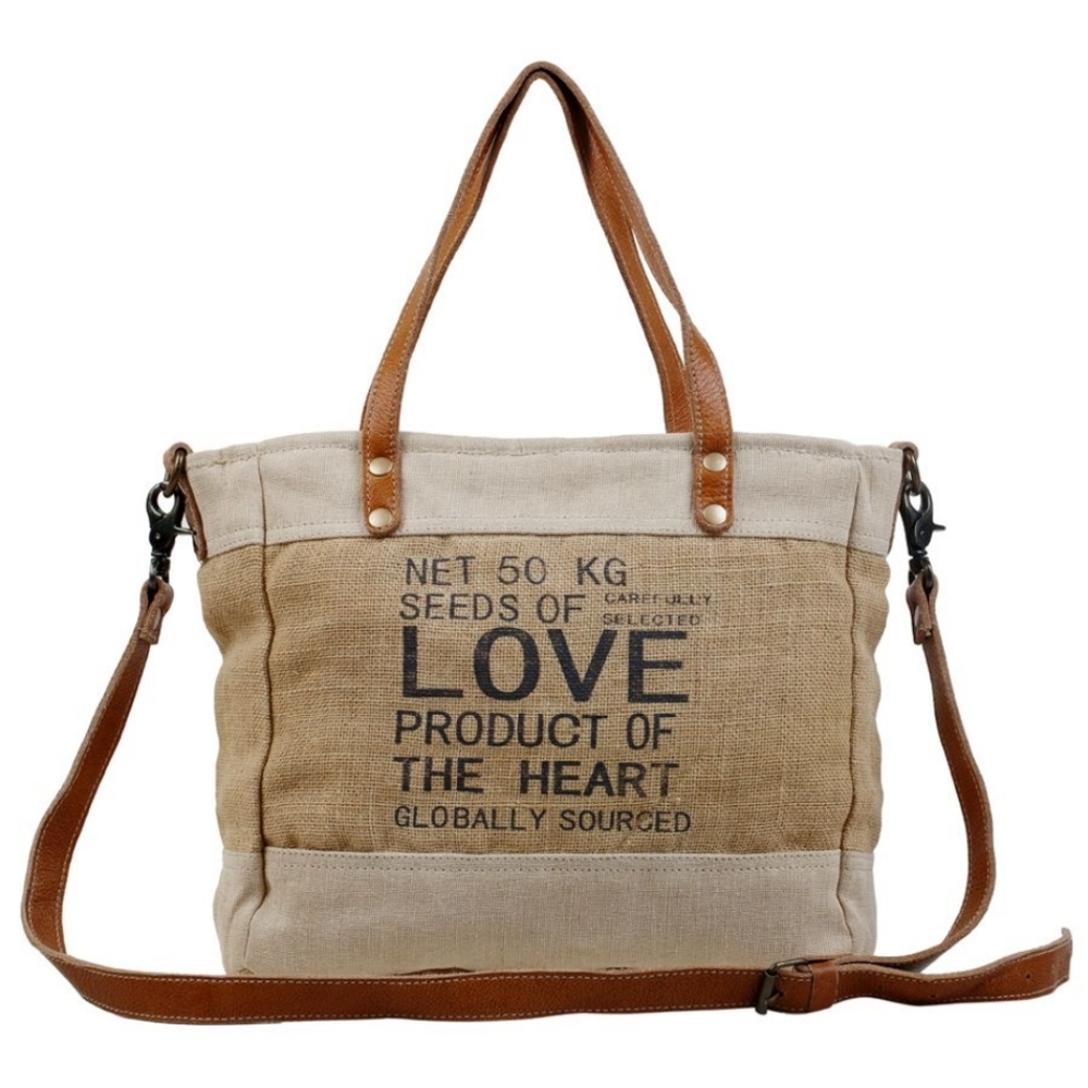 New! Myra Bag Repurposed Jute Canvas And Leather Market Tote Shoulder Bag - Picture 2 of 7